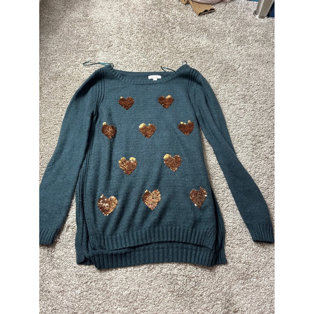 Lauren Conrad Teal Green Sequin Heart Knit Sweater XL Long Sleeve Pullover